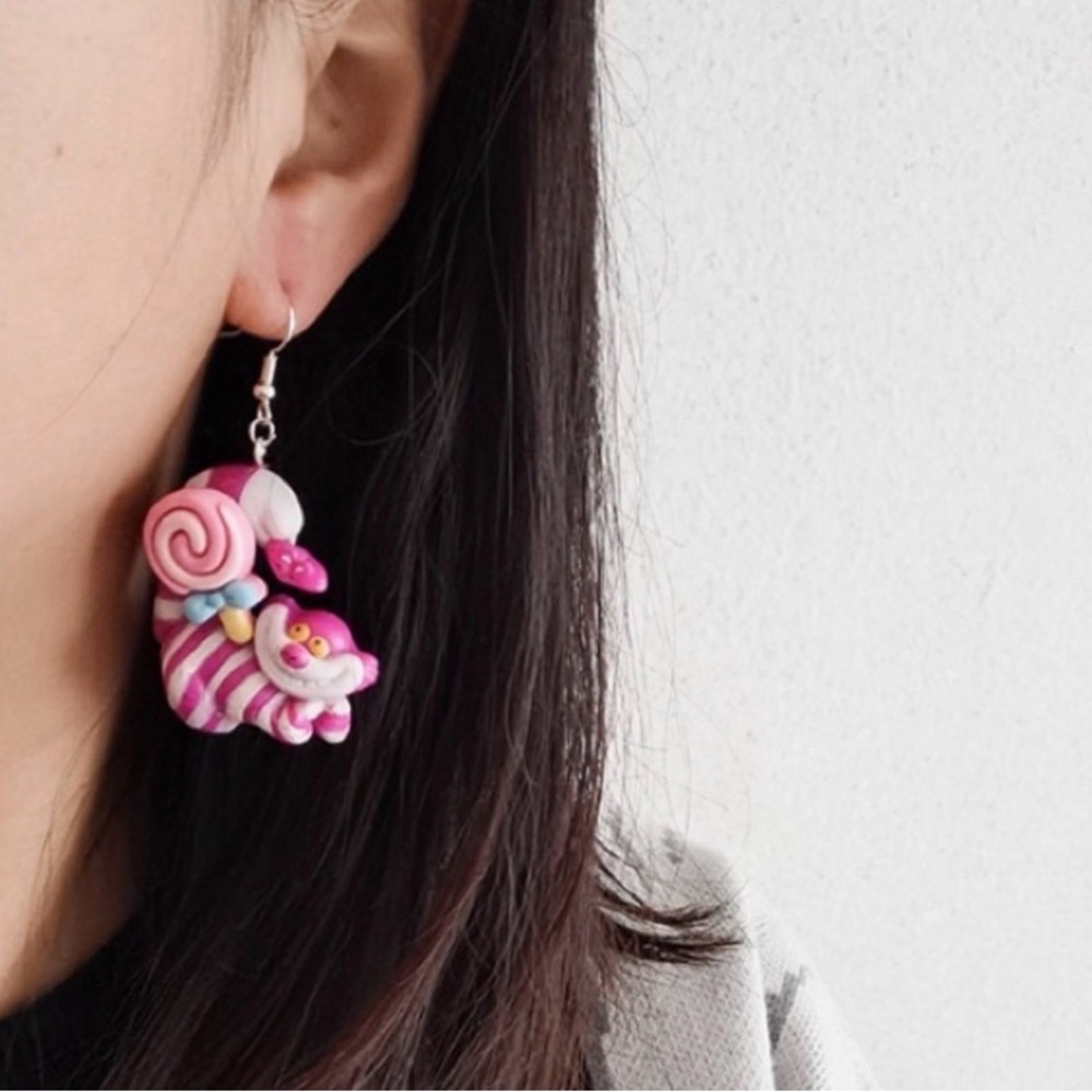 Disney Alice’s Adventure in Wonderland Pink Striped Lynx Cat Earrings